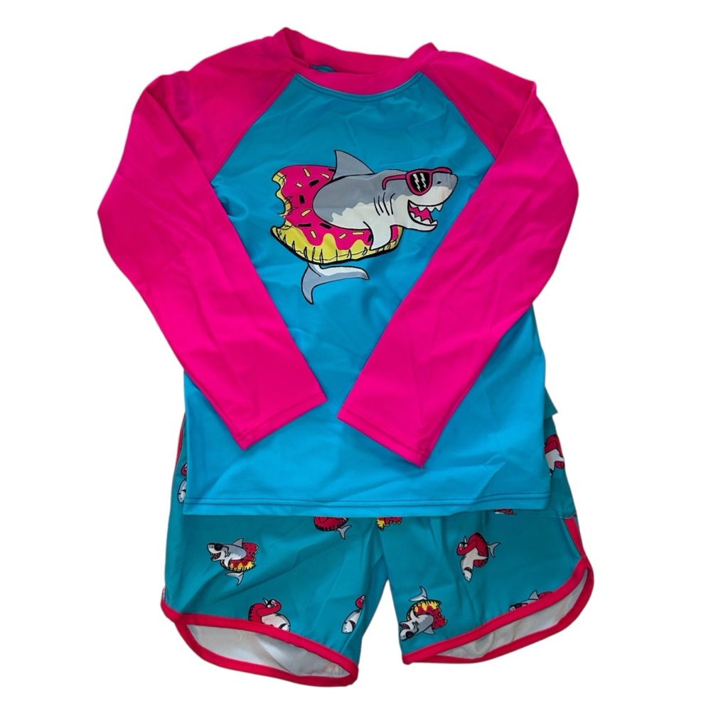 Sovereign Code Boy Shark Rashguard and Swim Trunk Set Neon Pink and Blue Size 4